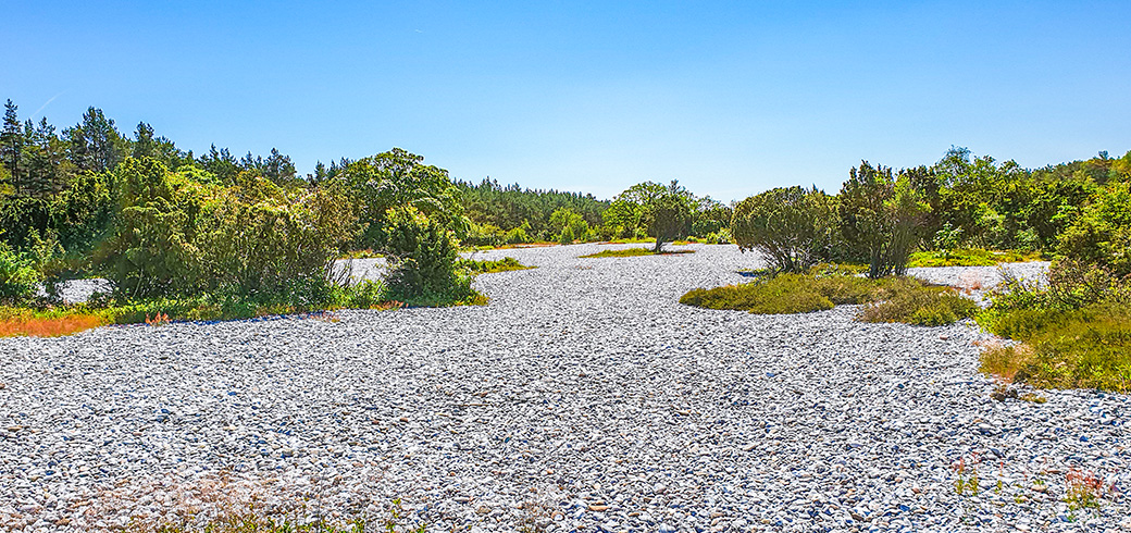 Die Feuersteinfelder befinden sich auf der Nehrung Schmale Heide zwischen Mukran und Prora, der Ostsee und dem Kleinen Jasmunder Bodden